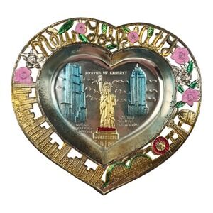 Vintage New York City Heart Shaped Souvenir Trinket Dish Hand Painted Japan